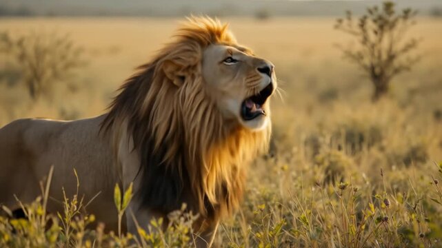 A majestic male lion roars across the African savannah, displaying wild animal behavior. 4k video