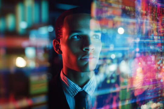 College student using virtual AI artificial intelligence technology & machine learning. Interactive technology in uni classroom. Innovation & smart tech. AI hologram in education & gaming. futuristic	