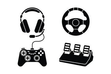 Gaming accessories including headphones controller steering wheel and pedals