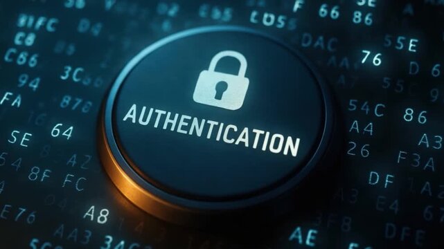 Authentication button with lock icon digital background showcasing cybersecurity, data protection, secure access technology, digital security, and advanced protection for online information safety