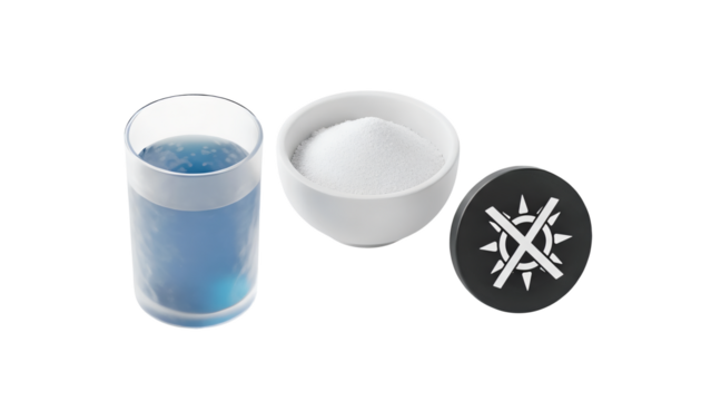 Transparent Background Glass of Blue Liquid Next to White Bowl Filled With White Granules and a Dark Circular Icon Featuring a Crossed-Out Symbol in White