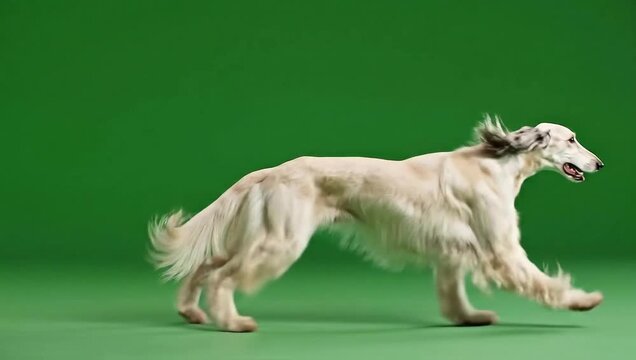 Elegant afghan hound dog in full stride running across a green screen studio floor for easy background replacement