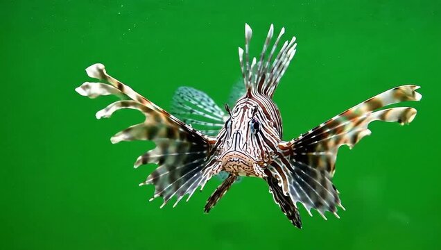 Striking lionfish swimming directly toward the camera with dramatic, flowing fins against a solid green aquatic background