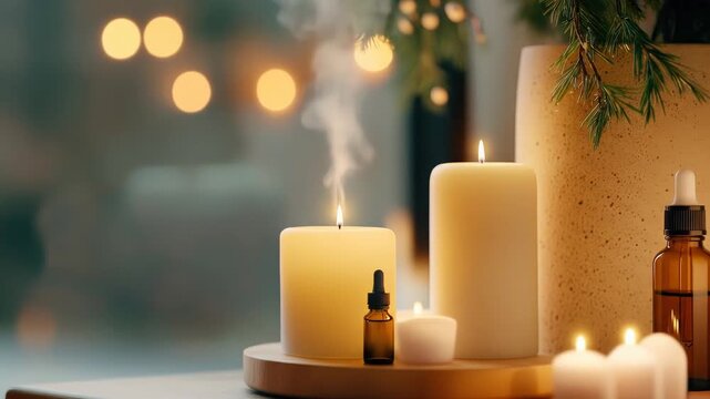 Serene candlelit scene with essential oil and soft glow bokeh lights