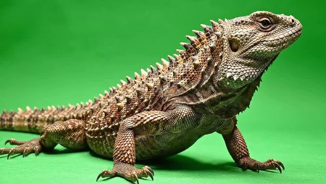 Close up of a spiny brown tuatara reptile with textured skin and sharp crest looking to the side on green screen