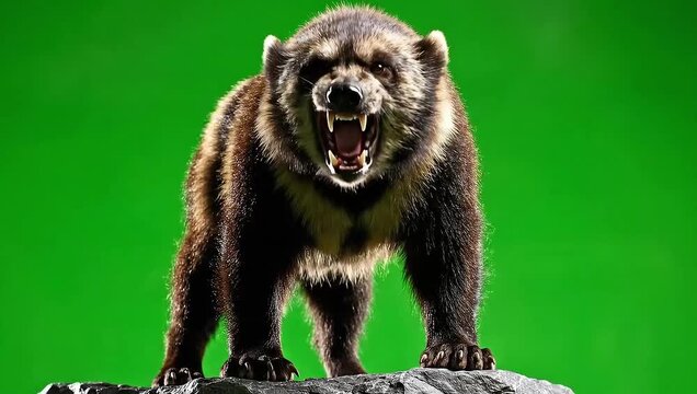 Aggressive wolverine standing on a rock with teeth bared, facing forward against a green screen for easy removal