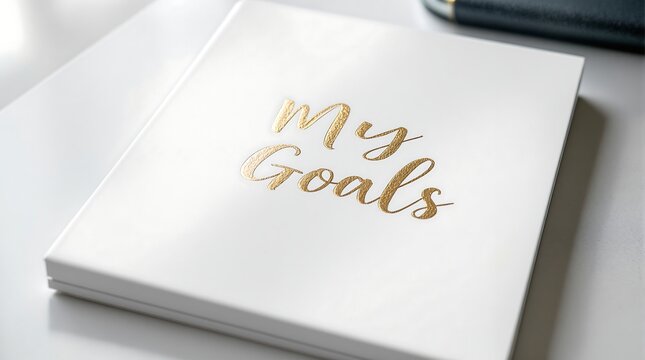 My goals planning book with golden font on clean white surface closeup
