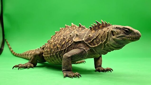 Tuatara reptile with spiky back and textured skin posing on a green screen for easy background replacement in studio