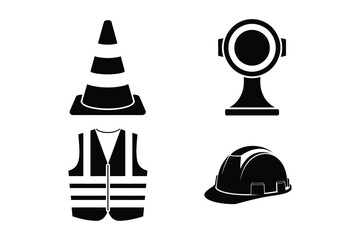Construction safety gear and equipment icons set