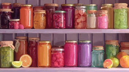 "Sweet Display: Colorful Jam Jars and Fresh Fruit Shelf"