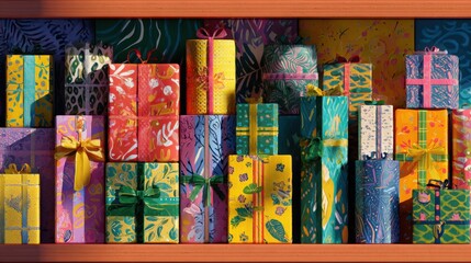 "Holiday Cheer: Colorful Presents on a Festive Shelf"