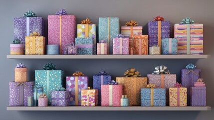"Holiday Cheer: Colorful Presents on a Festive Shelf"