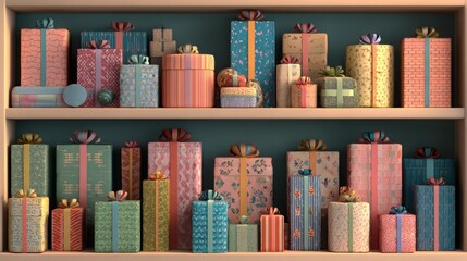 "Holiday Cheer: Colorful Presents on a Festive Shelf"