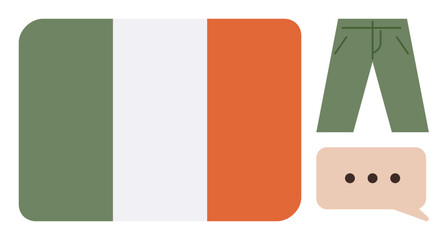 Irish tricolor flag with green pants and a speech bubble. Ideal for culture, identity, fashion, communication, symbolism, minimalism, global representation. Simple flat metaphor