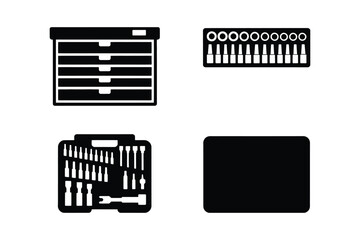 Set of four black and white icons representing tools and storage