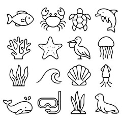 Fototapeta premium Ocean Life Line: A captivating illustration showcases a diverse array of marine creatures and elements, perfect for educational or design projects. This art celebrates ocean life.