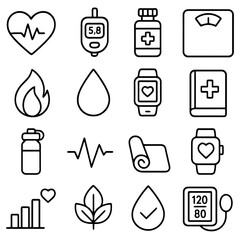 Wellness Icons: A collection of concise icons illustrating the essential components of holistic well-being. Focusing on health, balance, and the integration of physical and mental well-being.