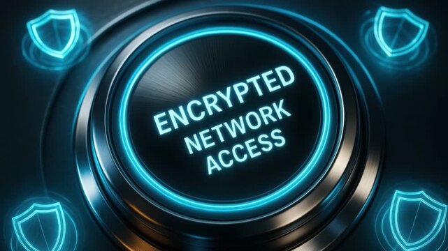 Encrypted network access button with glowing blue shield representing cybersecurity, data protection, and digital communication systems ensuring secure network access and advanced cybersecurity