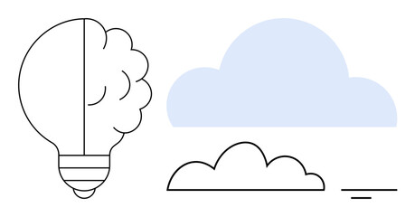 Creativity concept. Creativity linked to innovation and brainstorming, showcased with a light bulb and cloud graphics. Creativity aligns with ideas, solutions, projects, and design processes