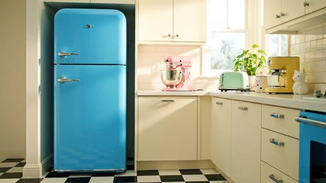 Vibrant retro kitchen with a blue refrigerator, colorful appliances, and checkered floor