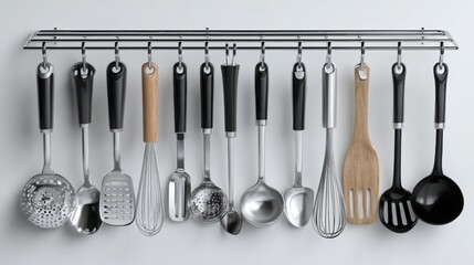 Stainless Steel Kitchen Utensils on Black and White Background