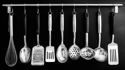 Stainless Steel Kitchen Utensils on Black and White Background