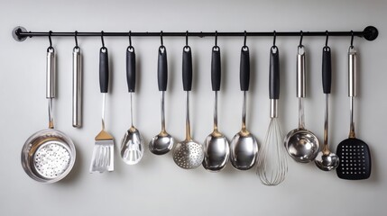 Stainless Steel Kitchen Utensils on Black and White Background