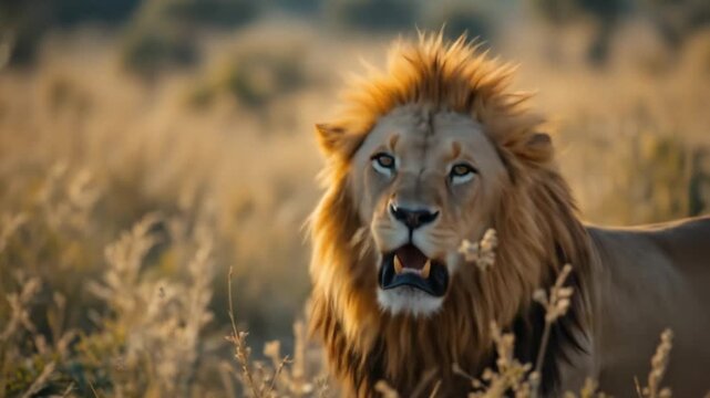 A majestic male lion roars across the African savannah, displaying wild animal behavior. 4k video