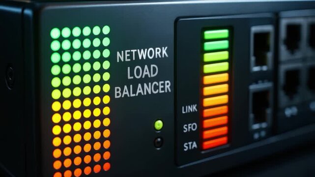 Network load balancer device with colorful LED indicators showing traffic distribution, connection status, multiple network ports, and technology for efficient data center and server hardware