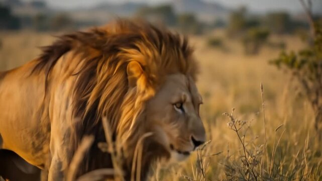 A majestic male lion roars across the African savannah, displaying wild animal behavior. 4k video