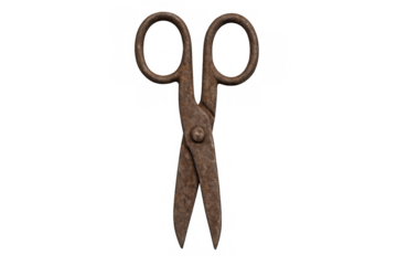 Old rusty metal scissors tool for cutting with vintage design and textured surface on transparent background