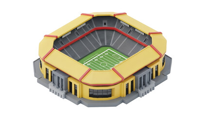 Miniature Yellow Stadium with Green Football Field and Gray Seating Blocks Detailed Construction Brick Toy Isolated on Black Background