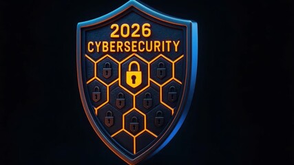 Cybersecurity shield with lock and padlock, hexagonal pattern symbolizing digital protection, data security, and futuristic technology for advanced security measures in year 2026 - Powered by Adobe