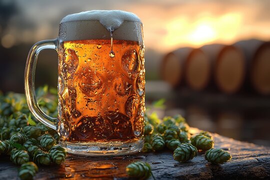 Beer evening scene, Golden sunset with frothy brew, Outdoor evening beer with amber glow and foam, Relaxed outdoor beer tasting at dusk with hoppy accents and warm light