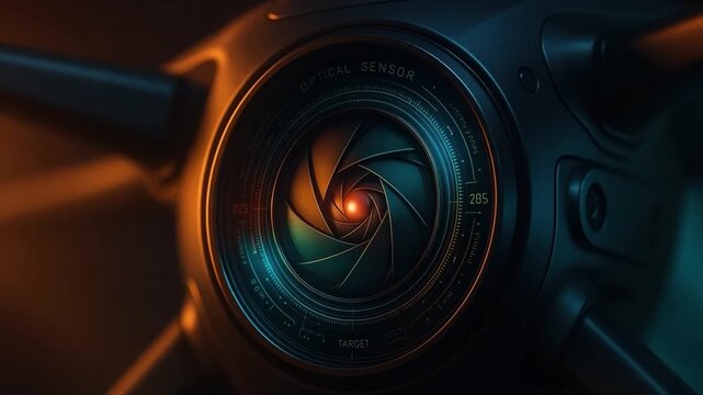 Close up camera lens with optical sensor and aperture blades showcasing intricate mechanical parts, digital camera technology, precision focus, shutter operation, glowing circular design