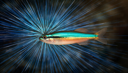 A beautiful small tropical fish with iridescent colors swimming.
