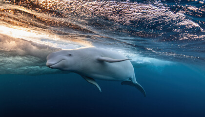 Naklejka premium A beautiful white beluga whale swimming gracefully underwater.