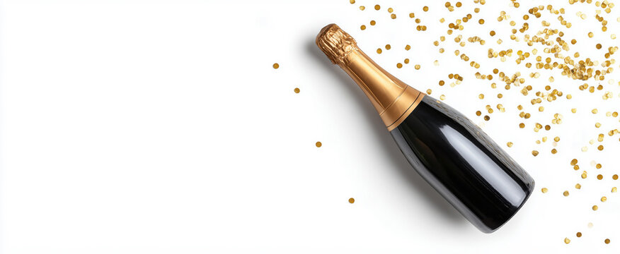 Bottle of sparkling wine on a white background with scattered gold confetti and area for text or design