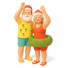 Mr and Mrs Claus waving and wearing summer clothing because they are in the southern hemisphere