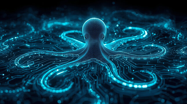 Futuristic glowing octopus made of flowing digital particles and neural lines, creating a high-tech abstract background symbolizing AI networks, data connections and advanced cyber technology