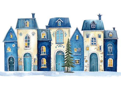 Terraced house settlement, artistic winter village watercolor illustration, vector template for christmas greeting cards or real estate advertising, blue colours isolated on white background