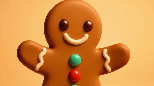 Gingerbread cookie with colorful candy buttons and icing smile warm brown background, festive holiday treat with cheerful expression and smooth sweet texture perfect for festive holiday smiles
