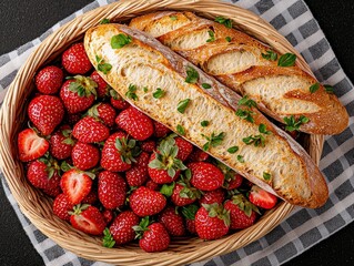 A top-down shot of a wicker basket filled with ripe strawberries and baguettes, presented on a checkered cloth.