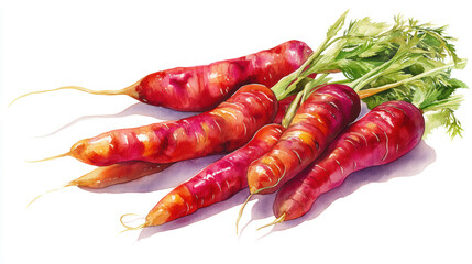Freshly harvested vibrant red and purple carrots with green leafy tops, isolated on white background
