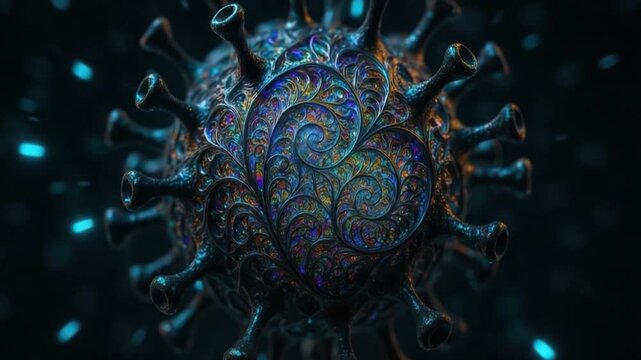 Intricate virus particle with glowing blue highlights and dark metallic texture, swirling microscopic fractal pattern creating mesmerizing and surreal digital art with captivating glowing elements