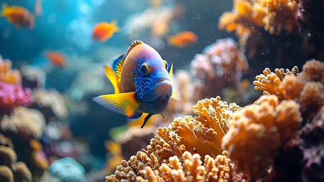 Vibrant coral reef teeming with life, showcasing a colorful angelfish swimming amongst intricate coral formations under clear blue water