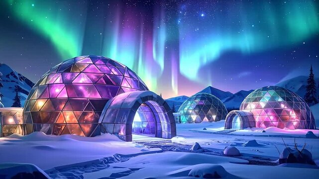 Magical glowing igloo village with colorful crystal domes under the spectacular northern lights in a winter wonderland