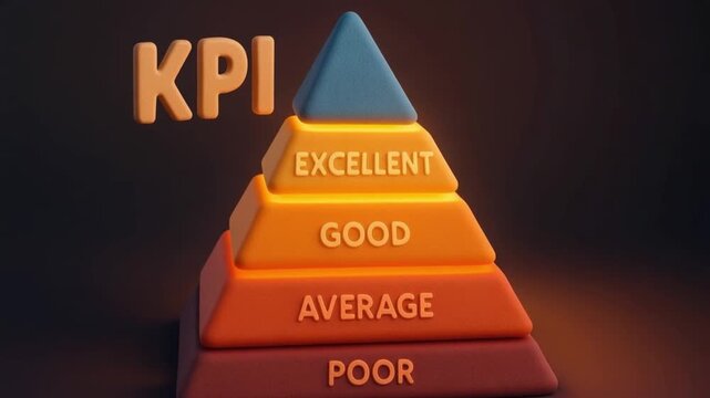 KPI pyramid performance measurement and business evaluation showcasing excellent, good, average, and poor levels in warm colors with glowing effect highlighting middle layers for success progress