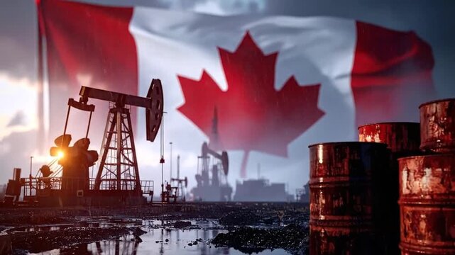 Canadian flag flying over a vast oil field with pumpjacks and barrels, symbolizing the national energy and petroleum industry