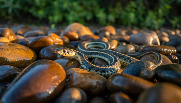 A striped garter snake coiled and basking on wet river pebbles.